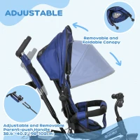 HOMCOM 6 in 1 Kids Trike Push Bike with Push Handle, Canopy, 5-point Safety Belt, Storage, Footrest, Brake, for 1-5 Years, Dark Blue(m-5)