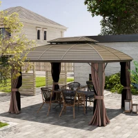 Outsunny 3.65 x 3(m) Hardtop Steel Gazebo Canopy with Aluminium Frame, Double Roof, Net Sidewalls and Curtains, Coffee(m-9)