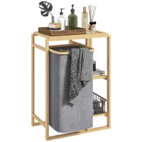 HOMCOM Cesto Portabiancheria con Borsa Estraibile e Ripiani a Doghe in Bambù, 50x32x70 cm, Grigio(m-1)