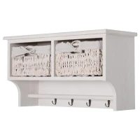 HOMCOM Porte-manteau mural - meuble de rangement mural étagère 4 patères + 2 paniers bois de paulownia osier tissu blanc(m-1)