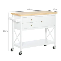 HOMCOM Desserte de cuisine multi-rangements - dim. 108L x 45l x 89H cm - poignées métal MDF blanc plateau bois hévéa(m-3)