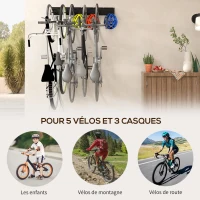 SPORTNOW Support mural pour vélos, rangement 5 vélos et 3 casques, crochets de rangement réglables, porte-vélos, 121,5 x 10 cm(m-4)