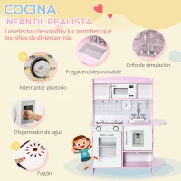 HOMCOM Cocina de Juguete de Madera para Niños de +3 Años Cocinita de Juguete con Luz y Sonidos 70x29x90 cm Rosa(m-4)