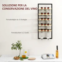 HOMCOM Portabottiglie da Parete in Legno e Acciaio per 15 Bottiglie di Vino e 4 Calici, 35x25x86cm(m-4)