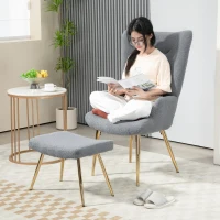 HOMCOM Ensemble fauteuil avec repose-pieds, tissu bouclette gris et pieds en métal doré, dossier haut, grand confort(m-6)