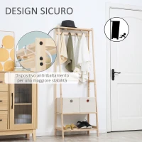 HOMCOM Appendiabiti in Legno Naturale con 4 Ganci, 3 Mensole e 2 Cassetti in Tessuto, 58x36x168cm(m-5)