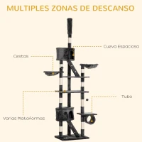 PawHut Árbol para Gatos de Suelo a Techo de 240-260 cm con Altura Ajustable Múltiples Plataformas Cuevas Cestos y Rampas Gris(m-7)