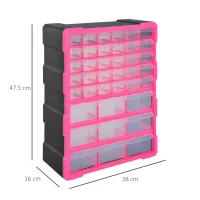 DURHAND Cassettiera in Plastica Portaminuterie con 39 Cassetti Trasparenti, Montaggio a Muro o a Terra 38x16x47.5cm Rosa(m-3)
