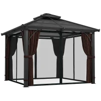 Outsunny 3 x 3(m) Hardtop Gazebo Canopy with 7mm Double Polycarbonate Roof, Garden Gazebo Permanent Pavilion with Mosquito Netting and Curtains for Patio, Deck, Brown(m-10)