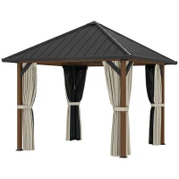 Outsunny 3 x 3(m) Hardtop Gazebo with Galvanised Steel Roof and Water Gutter, Waterproof Permanent Pavilion Garden Gazebo with Netting and Curtains for Patio, Deck, Walnut Wood Finish(m-11)
