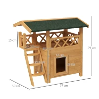 PawHut Cat House Outdoor w/ Balcony Stairs Roof, 77 x 50 x 73 cm, Natural Wood Finish(m-3)