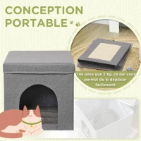 PawHut Niche maison pour chat cube pliable avec plateau griffoir coussin moelleux tissu aspect lin 36,5 x 36,5 x 36,5 cm gris(m-6)