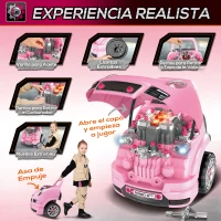 HOMCOM Juego Infantil de Motor con Herramientas 61 Piezas Volante Bocina Faros Caja de Almacenaje y Ruedas 40x39x47 cm Rosa(m-7)