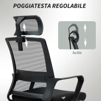 HOMCOM Sedia da Ufficio Ergonomica con Poggiatesta e Altezza Regolabili, Funzione Dondolo e Ruote, Nero(m-5)