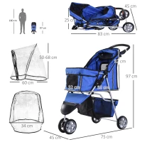 PawHut Dog Stroller with Cover for Small Miniature Dogs, Folding Cat Pram Dog Pushchair with Cup Holder, Storage Basket, Reflective Strips, Blue(m-3)