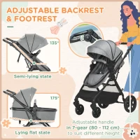 HOMCOM Foldable Baby Stoller, with Reclining Backrest, Adjustable Canopy, for Ages 0-36 Months - Grey(m-5)