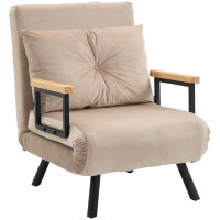 HOMCOM Fauteuil convertible 3 en 1 lit 1 place dossier 5 positions, accoudoirs en bois et coussin, tissu effet velours, beige