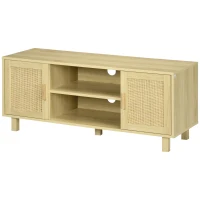 HOMCOM Meuble TV Banc TV 2 niches 2 placards Porte cannage en rotin dim. 115L x 40l x 48H cm MDF Aspect Bois Clair(m-10)