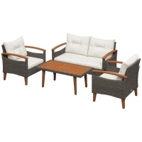 Outsunny Ensemble salon de jardin 4 pièces en rotin PE canapé 2 places 2 fauteuils coussins et plateau en bois d'acacia crème(m-1)