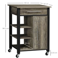 HOMCOM Carrello da Cucina Portavivande con Cassetto, Mensole, Armadietto e 4 Ruote, Legno Truciolare, 60x50x84.5cm, Quercia(m-3)