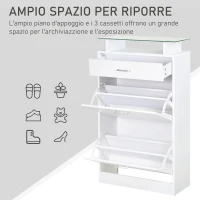 HOMCOM Mobile Scarpiera in Legno con 2 Ante a 2 Livelli, Cassetto e Ripiano in Vetro 60x24x105.5 cm, Bianco(m-5)