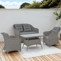 Outsunny Four-Piece Rattan Set, with Glass-Top Table - Light Grey(m-7)