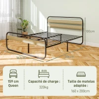 HOMCOM Lit double 160 x 200 cm, cadre de lit en acier style industriel, tête de lit et sommier inclus, aspect bois(m-3)