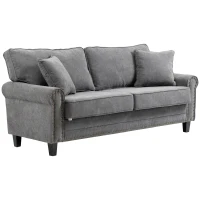 HOMCOM Sofá de 3 Plazas con Tachuelas Oro Envejecido Tapizado en Poliéster con 2 Cojines Decorativos 196x80,5x89 cm Gris(m-11)