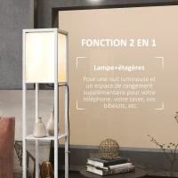 HOMCOM Lampadaire sur pied salon, lampe salon moderne, lampadaire avec étagères, abat-jour en tissu et double éclairage, blanc(m-5)
