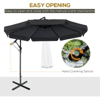 Outsunny 2.7m Garden Banana Parasol Cantilever Umbrella with Crank Handle and Cross Base for Outdoor, Hanging Sun Shade, Black(m-4)