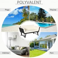 Outsunny Canapé lit de jardin extensible 3 places grand confort 4 coussins crème inclus résine tressée imitation rotin noir(m-7)