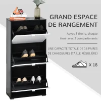 HOMCOM Meuble à Chaussures 3 Portes abattantes 3 Compartiments MDF Noir Blanc laqué(m-4)