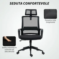 HOMCOM Sedia da Ufficio Ergonomica con Poggiatesta e Altezza Regolabili, Funzione Dondolo e Ruote, Nero(m-7)