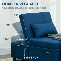 HOMCOM Fauteuil convertible 1 place fauteuil lit avec dossier réglable, siège rembourré et oreiller, bleu(m-5)