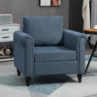 HOMCOM Vintage Accent Chair, Upholstered Occasional Chair with Back Pillow, Rolled Arms,  Rubber Wood Legs, Dark Blue(m-10)