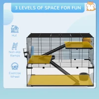 PawHut 3 Tiers Hamster Cage, Gerbil Cage with Deep Glass Bottom, Non-Slip Ramps, Platforms, Hut, Exercise Wheels, Water Bottle, Dish, for Syrian Hamster, Dwarf Hamster, 78.5 x 48.5 x 54.5cm(m-4)