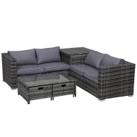 Outsunny 4 Pcs Rattan Wicker Garden Furniture Patio Sofa Storage & Table Set w/ 2 Drawers Coffee Table,Great Cushioned 4 Seats Corner Sofa - Grey(m-1)