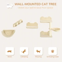 PawHut 4PCs Wall-Mounted Cat Shelves w/ Scratching Post, Hammock, Nest - Beige(m-4)
