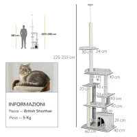 PawHut Albero Tiragraffi per Gatti a Soffitto con Piattaforme e Casetta, 60x40x225-255cm, Grigio(m-3)