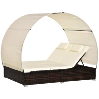 Outsunny Sdraio da Giardino Doppia con Tettuccio e Schienale 5 Reclinazioni, Lettino Prendisole in Rattan PE 196x137x31cm Bianco Crema(m-10)