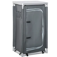 Outsunny 3-Shelf Camping Cupboard Camping Kitchen Station Cook Table, Storage Organiser for BBQ Party Picnics Backyards with Carrying Bag, Grey(m-1)