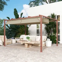 Outsunny Gazebo Pergola con Tetto Retrattile, Picchetti e Viti, in Poliestere e Alluminio, 382x300x232 cm, color Legno(m-9)
