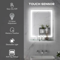 kleankin Large Vanity Mirror with Lights and Shelf, Illuminated bathroom Mirror with 3 Colour Brightness, Smart Touch, Anti-Fog(m-4)