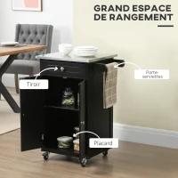 HOMCOM Chariot de service desserte de cuisine à roulettes multi-rangements 1 tiroir placard 2 portes avec étagère porte-torchons MDF noir acier inoxydable(m-4)