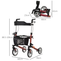 HOMCOM 88.5-106cm Aluminium Frame Rollator Walker, with Brakes - Red(m-3)
