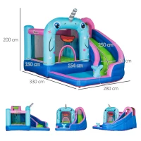 Outsunny Gioco Gonfiabile per Bambini 3-8 Anni a tema Narvalo con Borsa, 11 Paletti e Toppe Inclusi, 330x280x200 cm(m-3)
