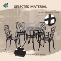 Outsunny 5 Pieces Garden Dining Set for 4, Cast Aluminium Outdoor Dining Set with 4 Armchairs and Round Dining Table with Parasol Hole, Garden Furniture Set, Brown(m-7)