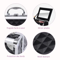 HOMCOM Mallette à maquillage rangement à 3 niveaux avec miroir verrouillage avec 2 clés dim. 20L x 15l x 15H cm noir(m-5)