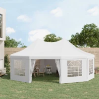 Outsunny 10 Sides Decagonal Garden Gazebo Marquee Party Tent Wedding Canopy Outdoor Heavy Duty Metal Frame (8.9m x 6.5m) - White(m-2)