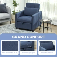 HOMCOM Fauteuil convertible 1 place avec dossier inclinable à 3 positions, coussin, siège rembourré et accoudoirs, bleu(m-5)